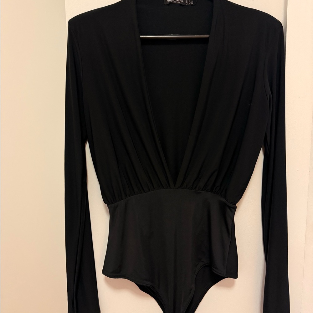 Black Deep Plunge Long Sleeve Bodysuit